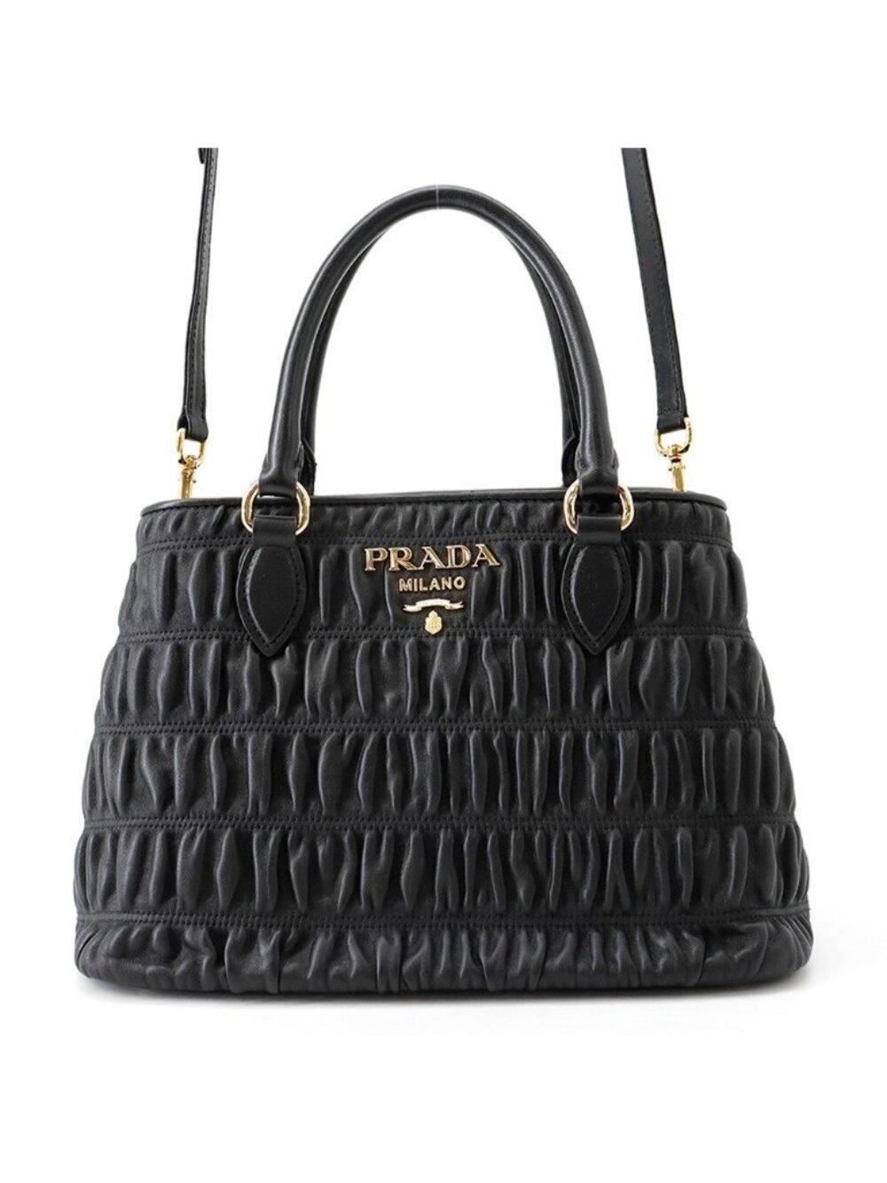 Prada Handbag Gathered Nappa Gaufre 2-Way Black